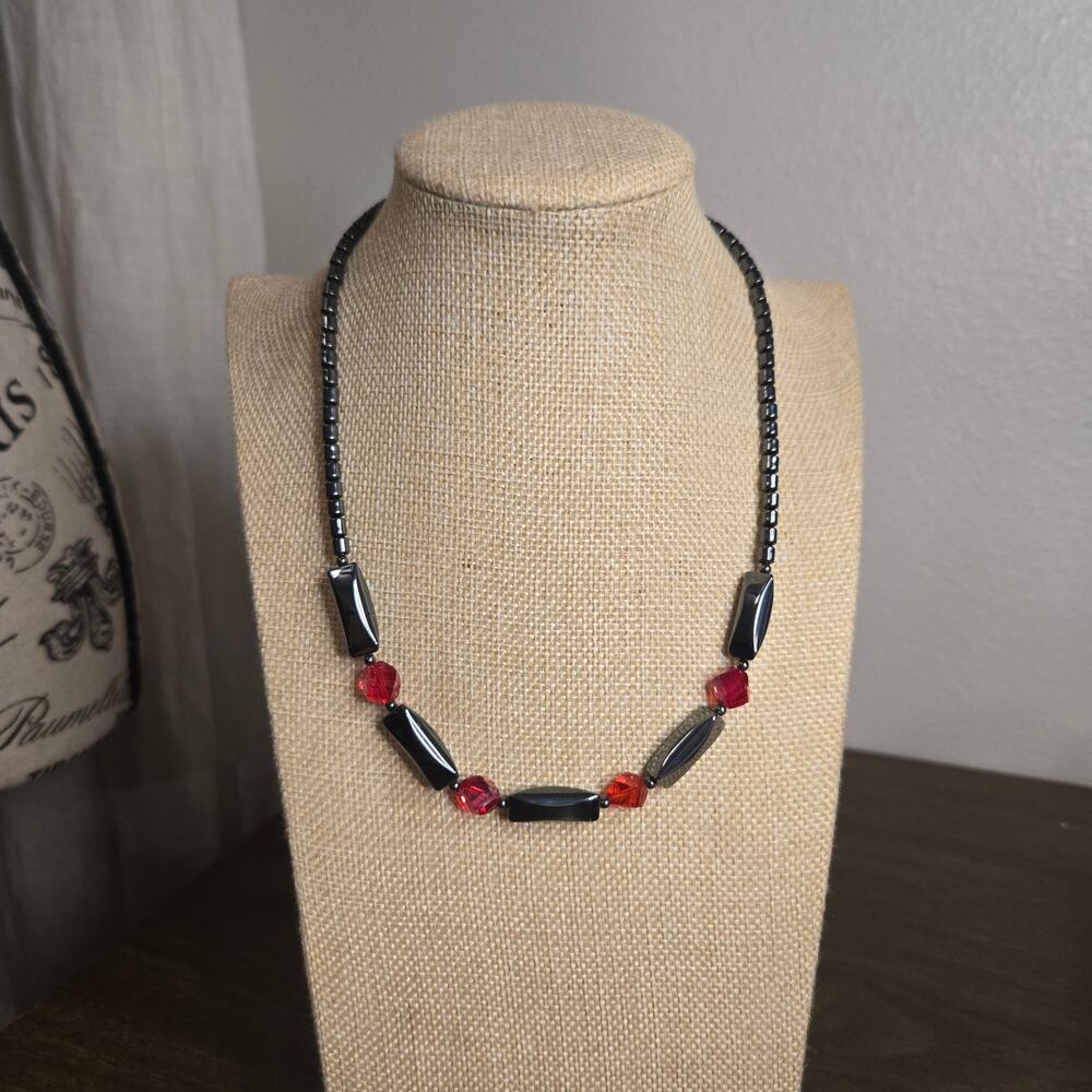Vintage Magnetic Hematite Bead Necklace Red Acrylic Glass Statement Strand Clasp